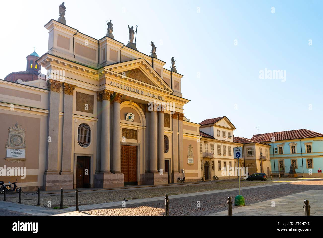 Neoclassical west facade of Alessandria Cathedral with tympanum, columns and statues. Alessandria, Piedmont, Italy. Stock Photo