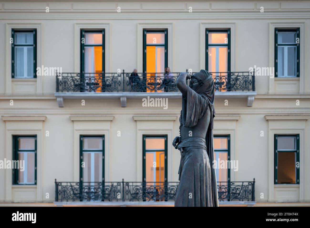 Statue of Laskarina Mpoumpoulina, a hero and military leader of Greek Independence War of 1821, a local figure of Spetses island, Greece. Stock Photo
