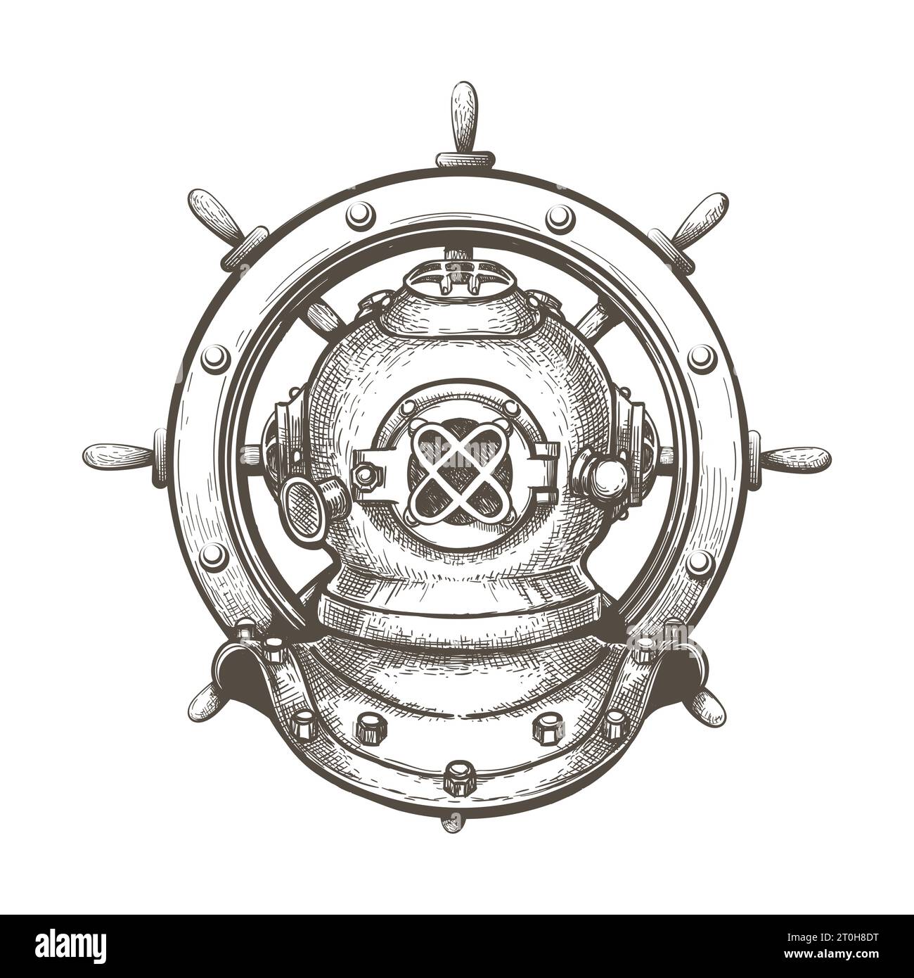 Engraving Tattoo of Diving Helmet with Ship Steering Wheel isolated on white background. Vector illustration. Stock Vector
