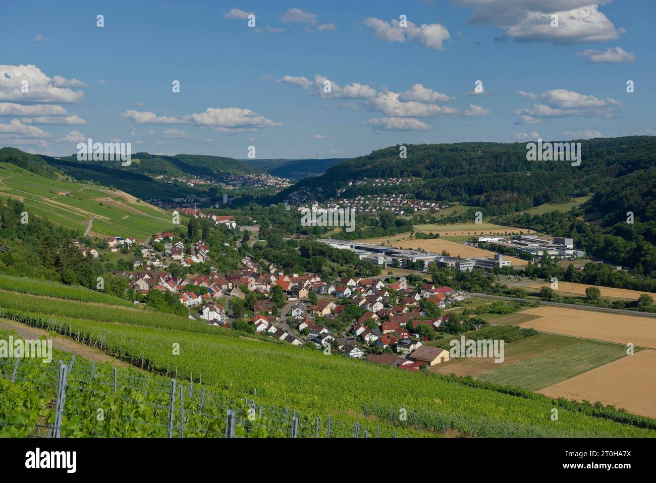 View of Criesbach and the commercial enterprises in Criesbach, Criesbach, Kochertal, Hohenlohekreis, vineyards, Hohenlohe, Heilbronn-Franken Stock Photo