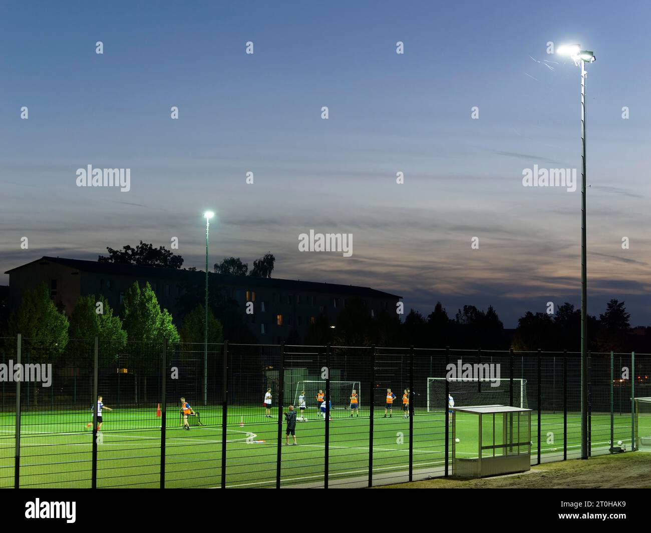 Football pitch and football match, training, illuminated with