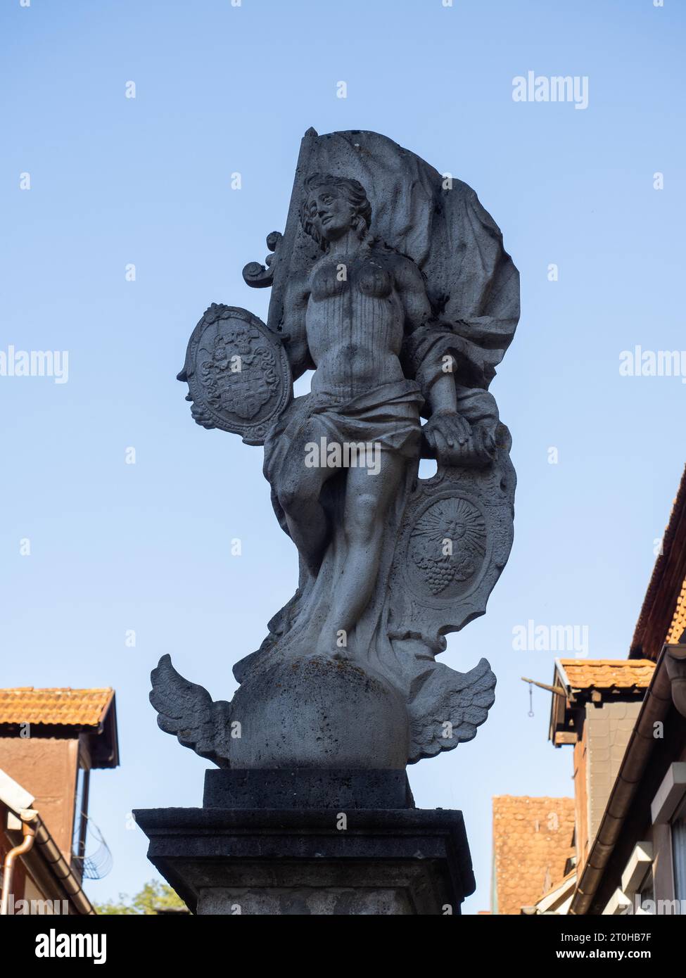 Sculpture, Fortune goddess Fortuna, Katharinenbrunnen, Sommerhausen, Mainfranken, Lower Franconia, Franconia, Bavaria, Germany Stock Photo