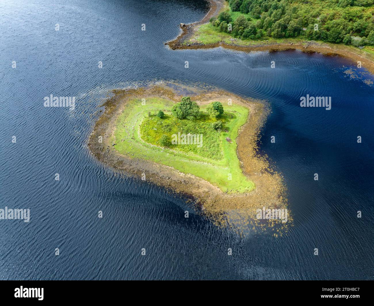 Aerial view of the eastern part of the freshwater loch Loch Leven, with a small island, Lochaber, Highlands, Scotland, Great Britain Stock Photo