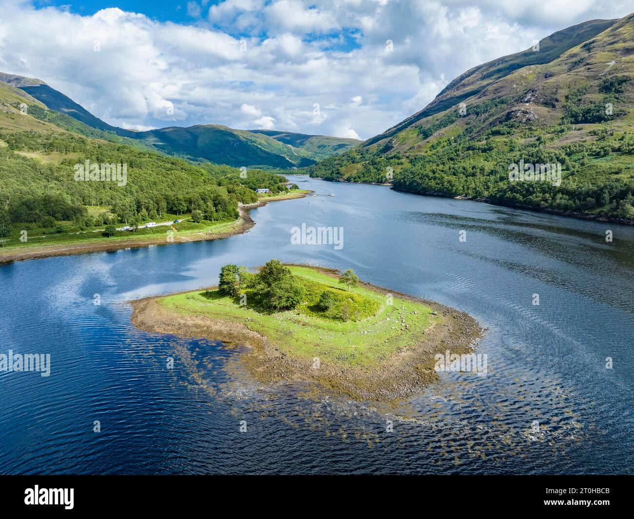 Aerial view of the eastern part of the freshwater loch Loch Leven with a small island, Lochaber, Highlands, Scotland, Great Britain Stock Photo