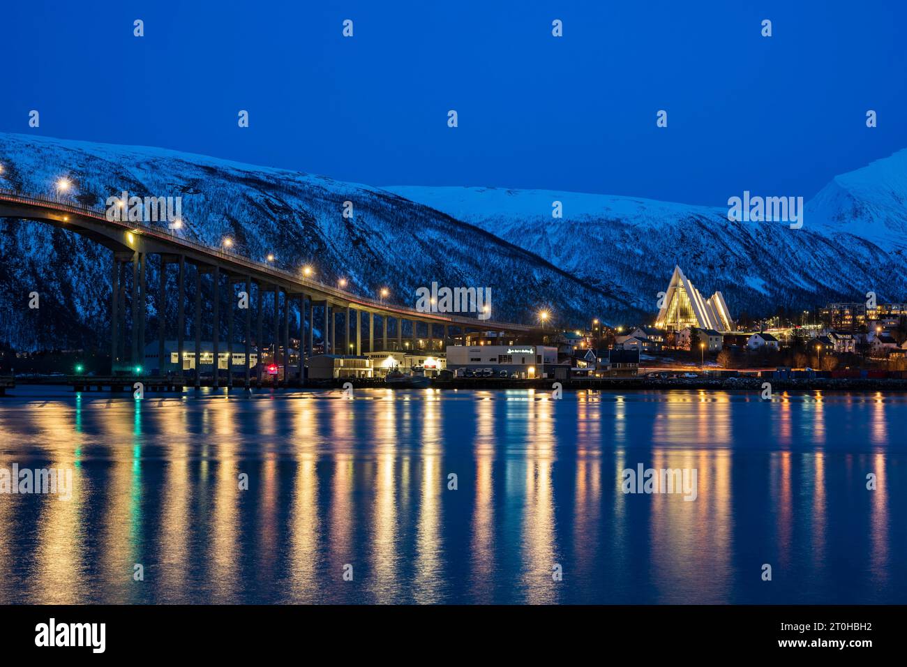 Ice Sea Cathedral and Tromsobrua Bridge at Blue Hour, Tromso, Tromso, Norway Stock Photo