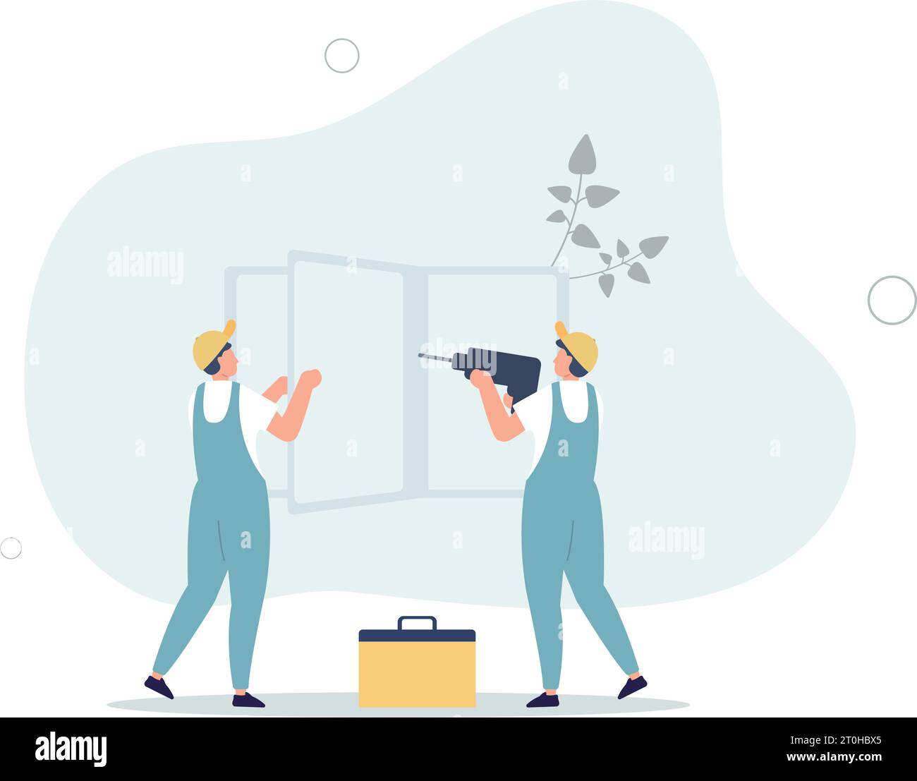 Installation or replacement of plastic windows, customer service. fitter with drill.flat vector illustration. Stock Vector