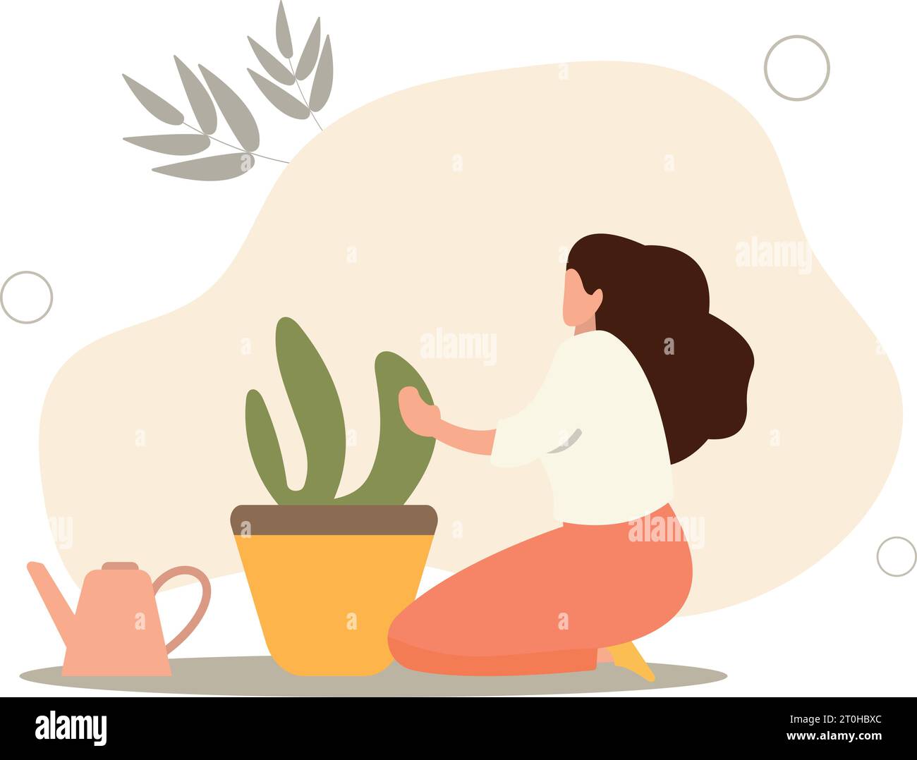 Girl Character Spends Time At Homehousewife Caring For A Potted Plantflat Vector Illustration 