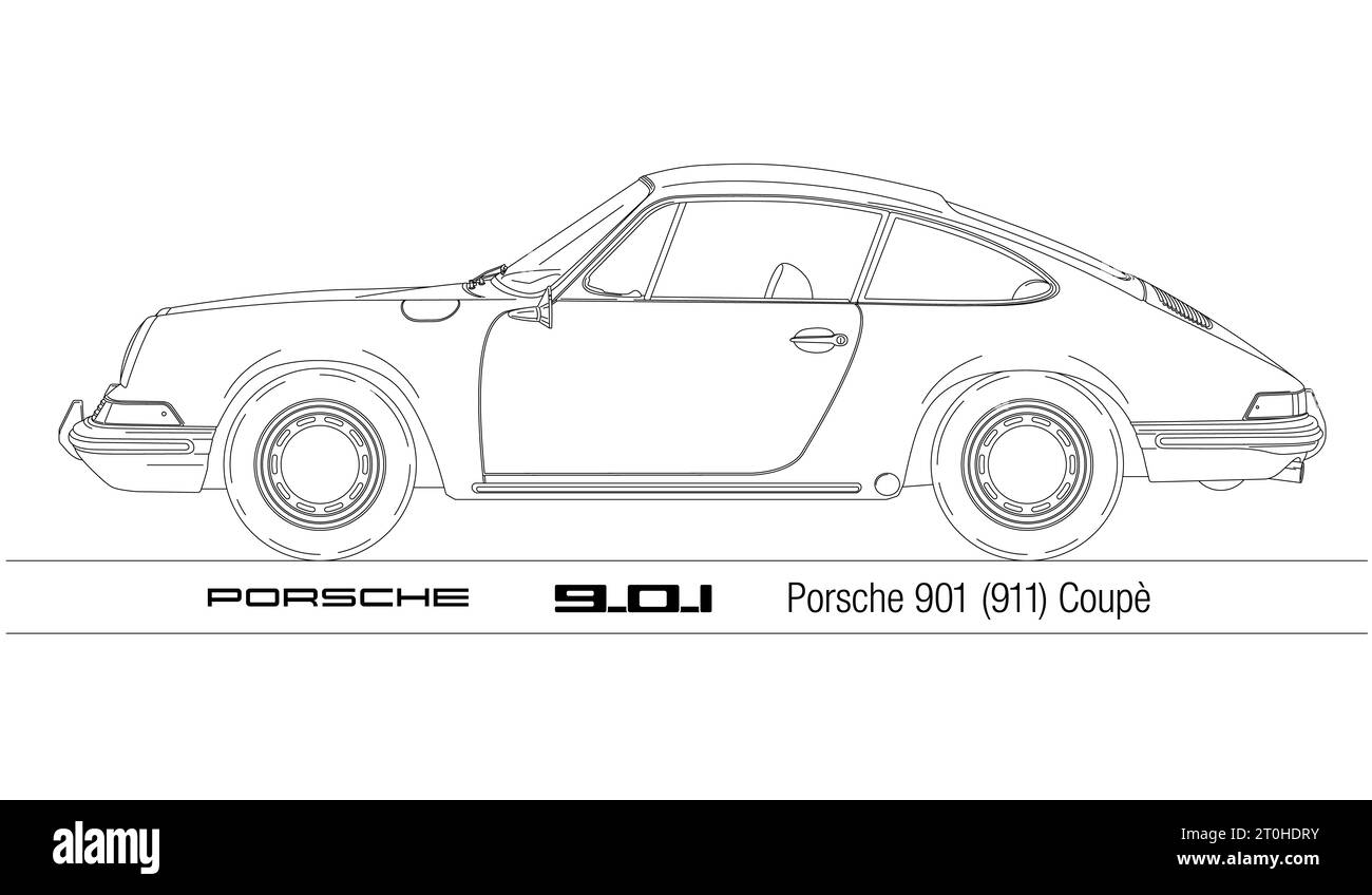 Germany, year 1964, Porsche 901 vintage car, silhouette outlined on the white background, vector illustration Stock Photo