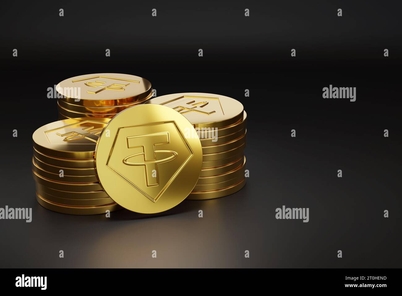 Stack of golden Tether USDT coins. 3d iluustration. Stock Photo