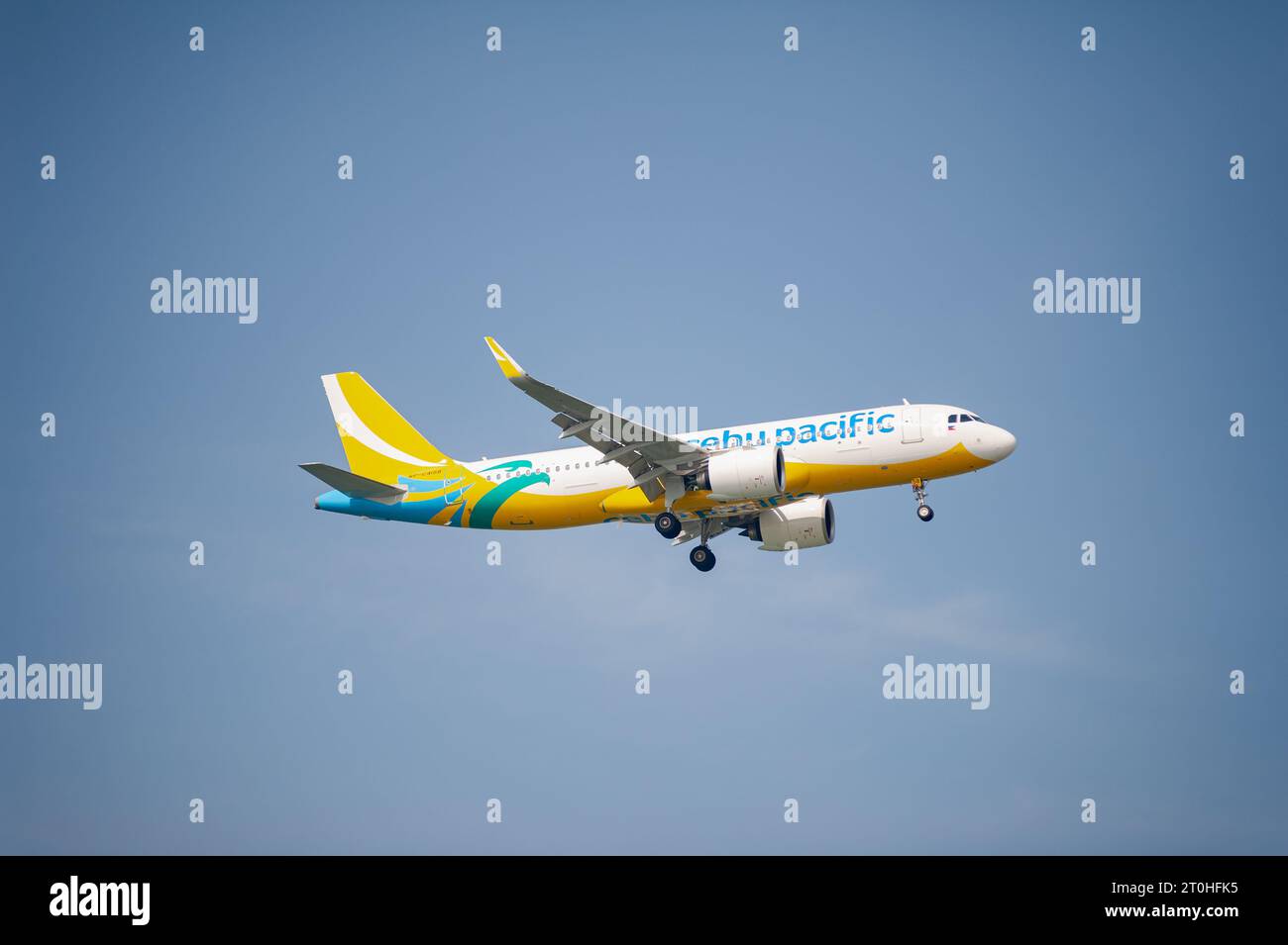 30.07.2023, Singapore, Republic of Singapore, Asia - Airbus A320-200 Neo passenger aircraft of the Philippine airline Cebu Pacific Air lands at Changi. Stock Photo