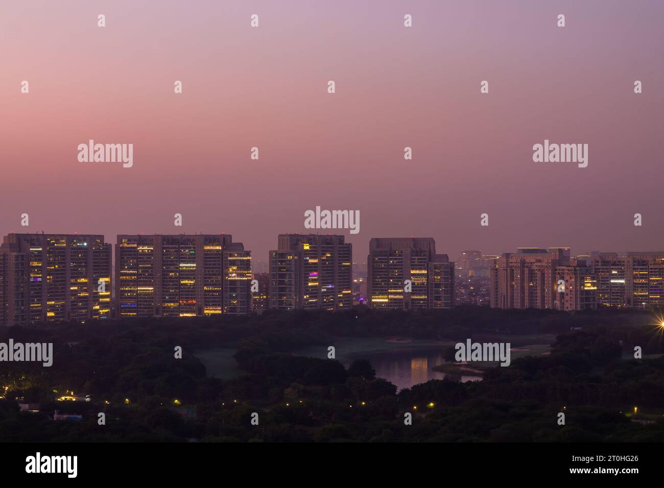 Gurgaon cityscape lit up with colourful Diwali Lights. Gurugram,Haryana