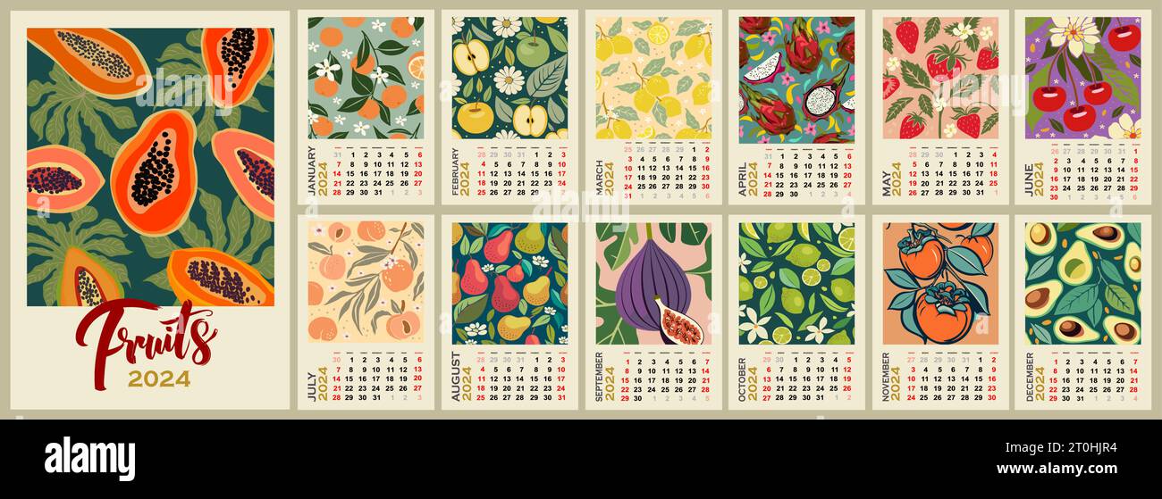 Monthly calendar template for 2024 with fruits Stock Vector Image & Art