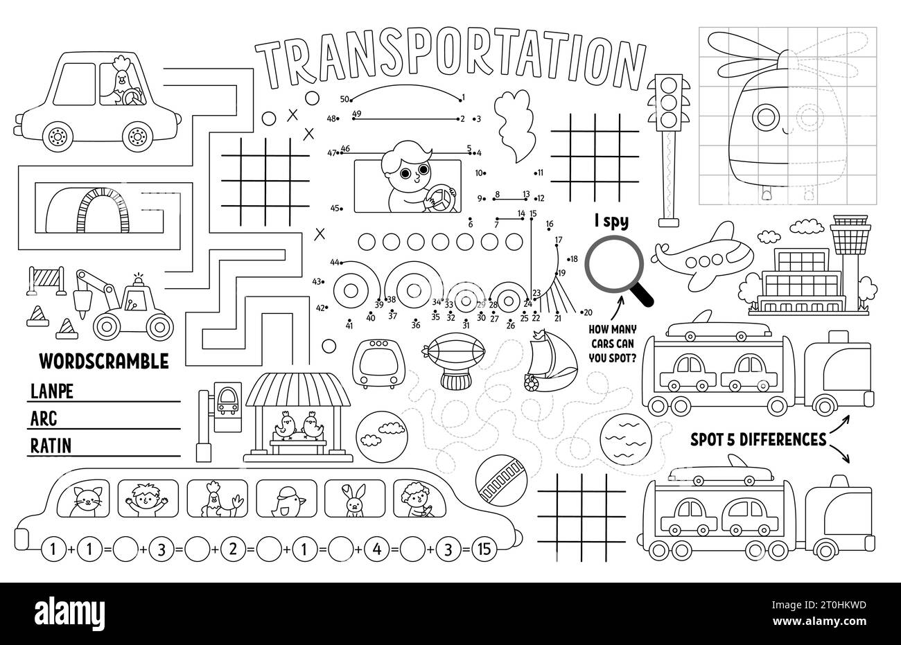 Vector transportation placemat for kids. Transport printable activity