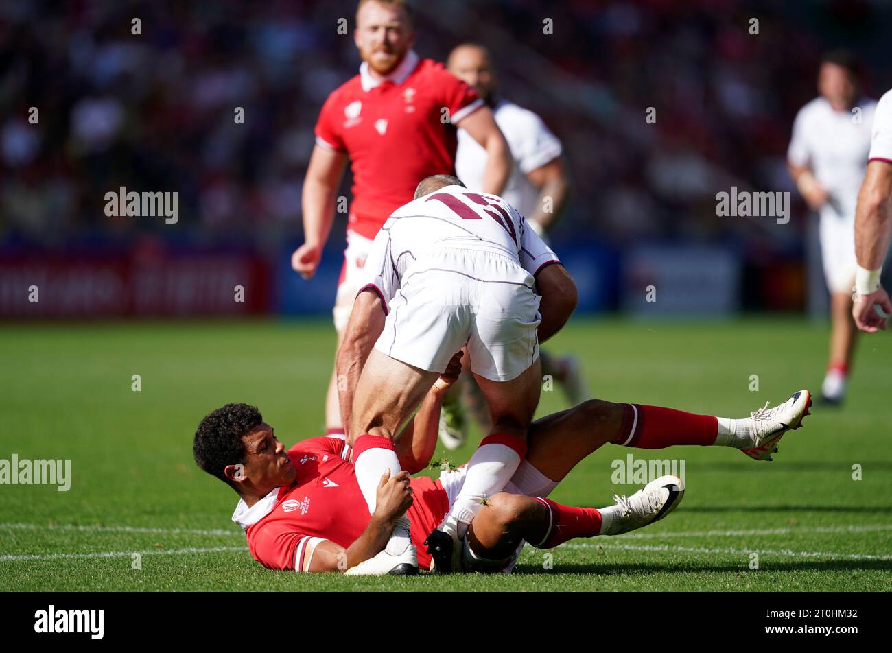 Georgia's Lasha Khmaladze is tackled by Wales' Rio Dyer during the Rugby World Cup 2023, Pool C match at Stade de la Beaujoire in Nantes, France. Picture date: Saturday October 7, 2023. Stock Photo