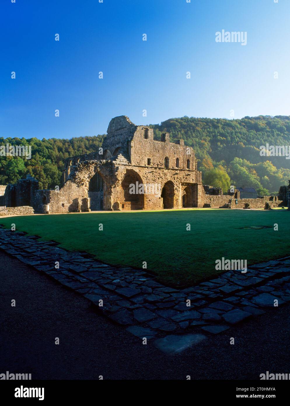 View NE across the cloister garth to the early C13th north range of monastic buildings including the frater, Tintern Abbey, Monmouthshire, Wales, UK. Stock Photo