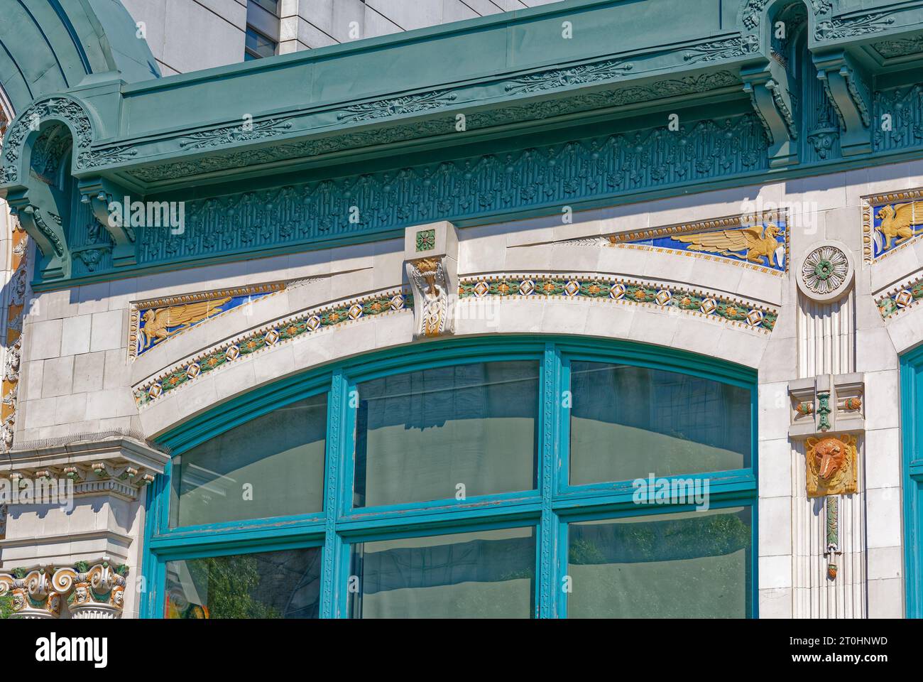 Preserved façade of Audubon Ballroom, 3940 Broadway, Washington Heights, Manhattan. Designed by