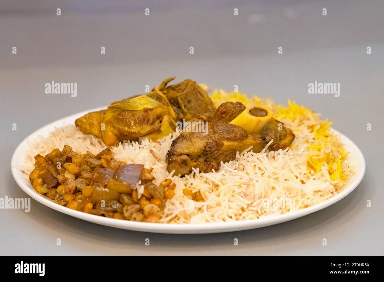 Selective focused delecious Lamb mandy / mandi rice with garlic sauce