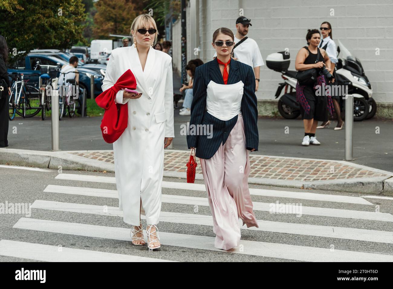 Guests seen outside PRADA show during Milan Fashion Week Womenswear Spring/Summer 2024. Stock Photo