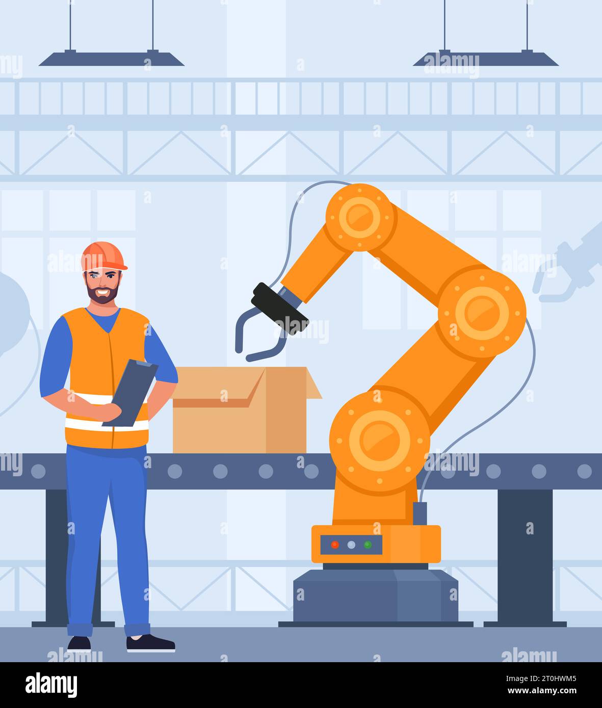 Automation production line with robot technologies. Engineer in orange