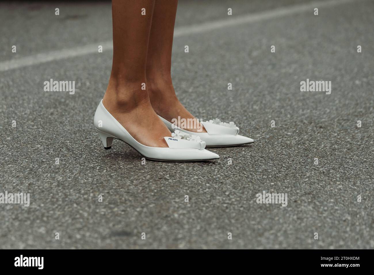 Fashion details outside PRADA show during Milan Fashion Week Womenswear Spring/Summer 2024. Stock Photo