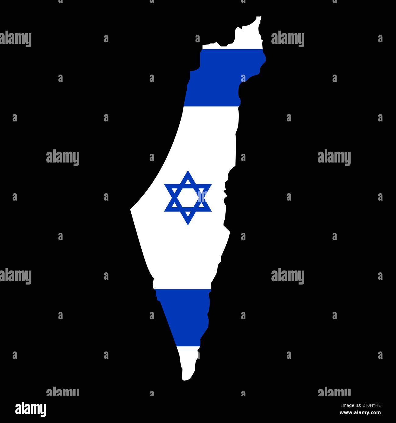 Israel map in the colors of the national flag with David star. Vector illustration blue and white Israeli map isolated on black background Stock Vector