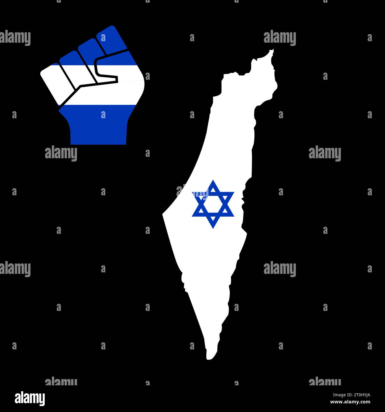 Strong Israel. Raised fist on blue and white Israeli national colour in map with David star. Freedom and support Israeli nation. Patriotic spirit - ri Stock Vector