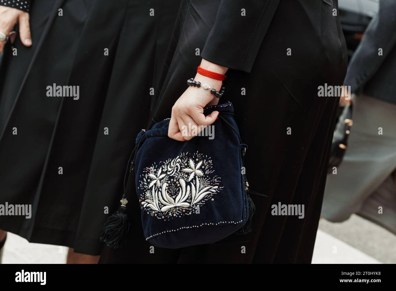 Fashion details outside PRADA show during Milan Fashion Week Womenswear Spring/Summer 2024. Stock Photo