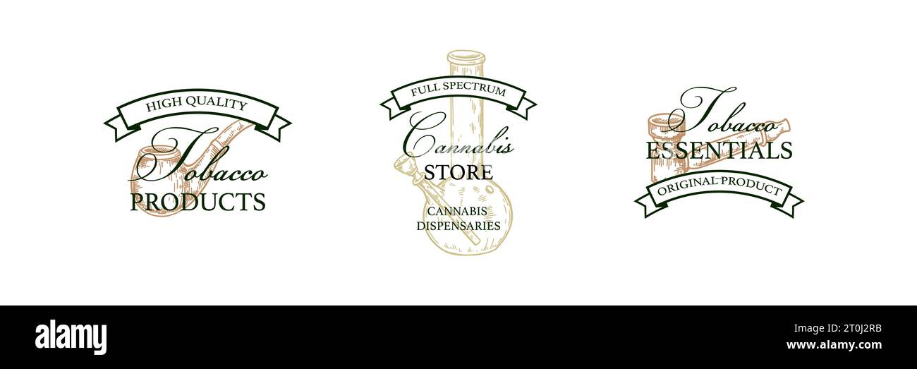 Set of tobacco shop vintage logo templates with hand drawn elements. Vector illustration in sketch style Stock Vector
