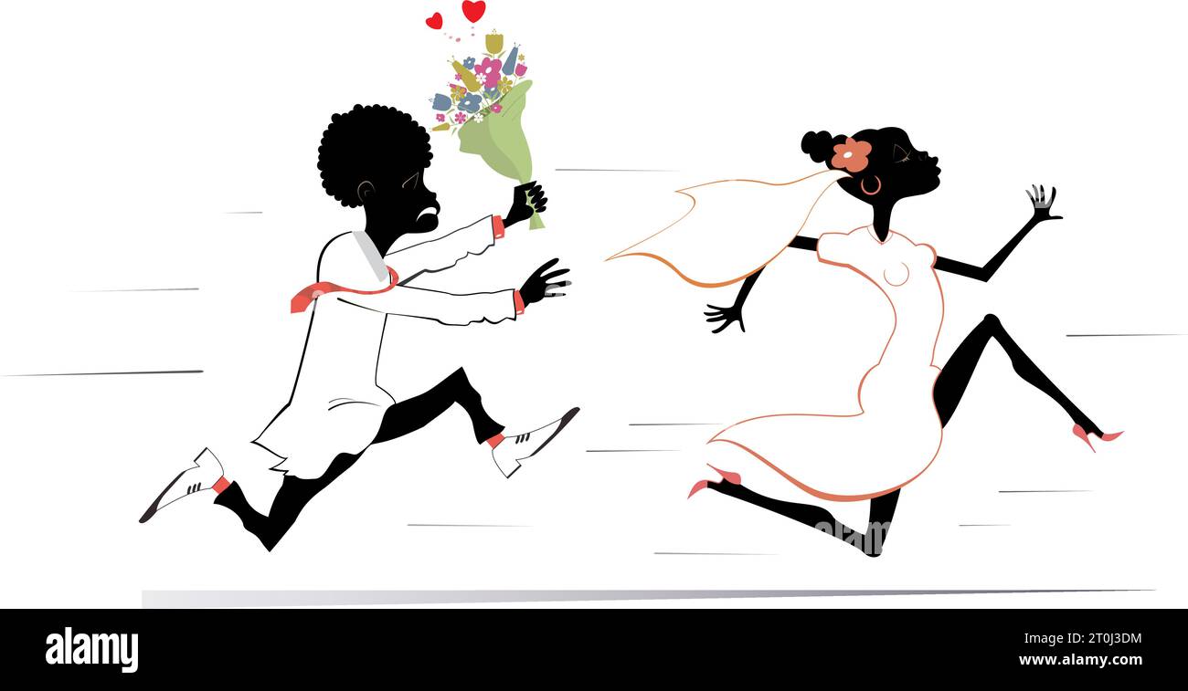 Bride runs away from the bridegroom. Upset bridegroom trying to catch