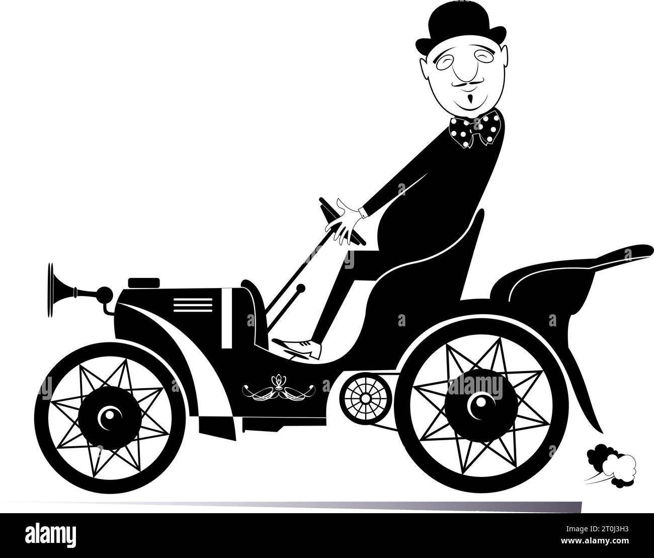 Cartoon man drives a retro car. Funny long mustache man in the bowler