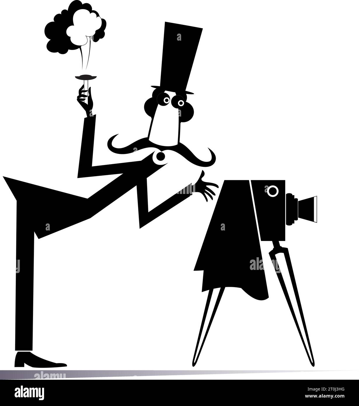 Funny photographer. Retro camera.  Long mustache man with a retro camera making a shot. Black and white Stock Vector