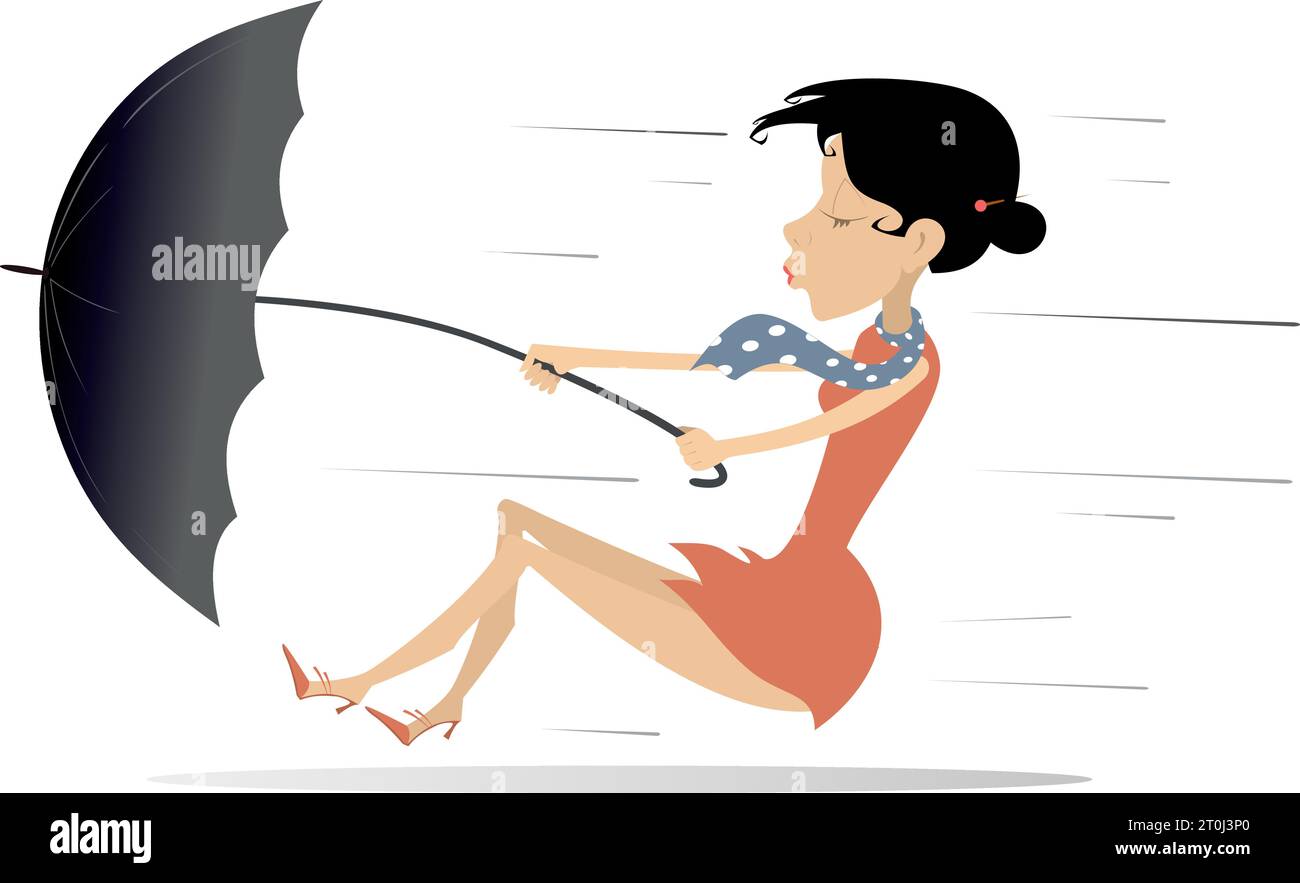 Woman, umbrella and windy and rainy day. Young woman with umbrella staying on the strong wind