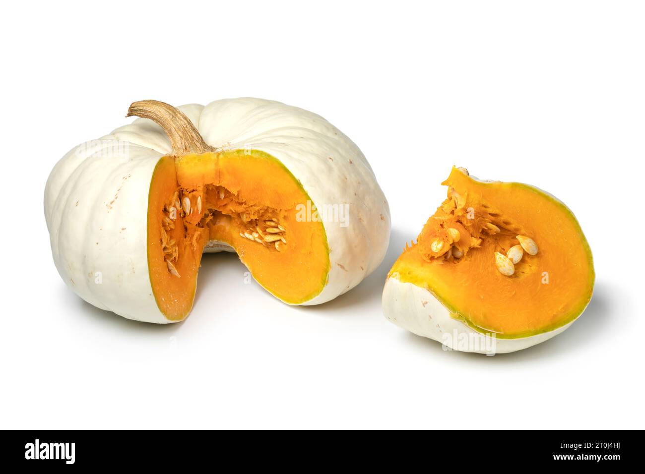 Fresh Flat White Boer Pumpkin and a wedge close up isolated on white