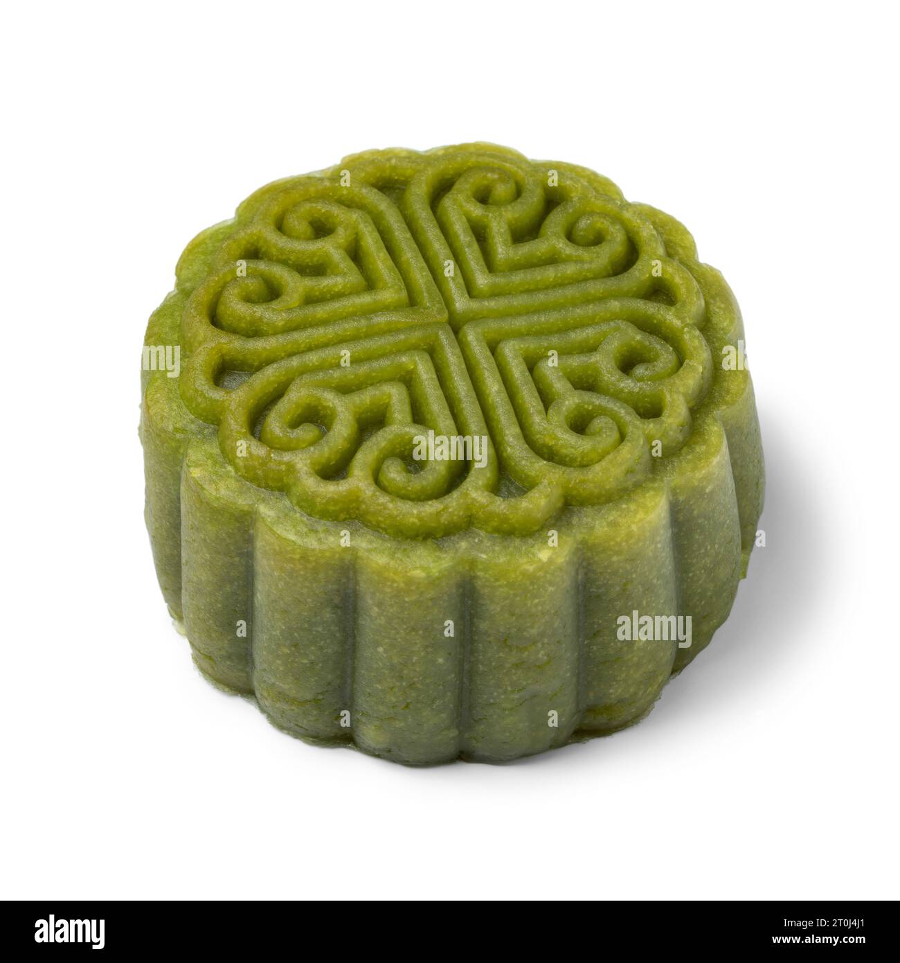 Green Snowskin or Crystal Skin Mooncake, a new variation of mooncake for Mid-Autumn Festival close up isolated an white background Stock Photo