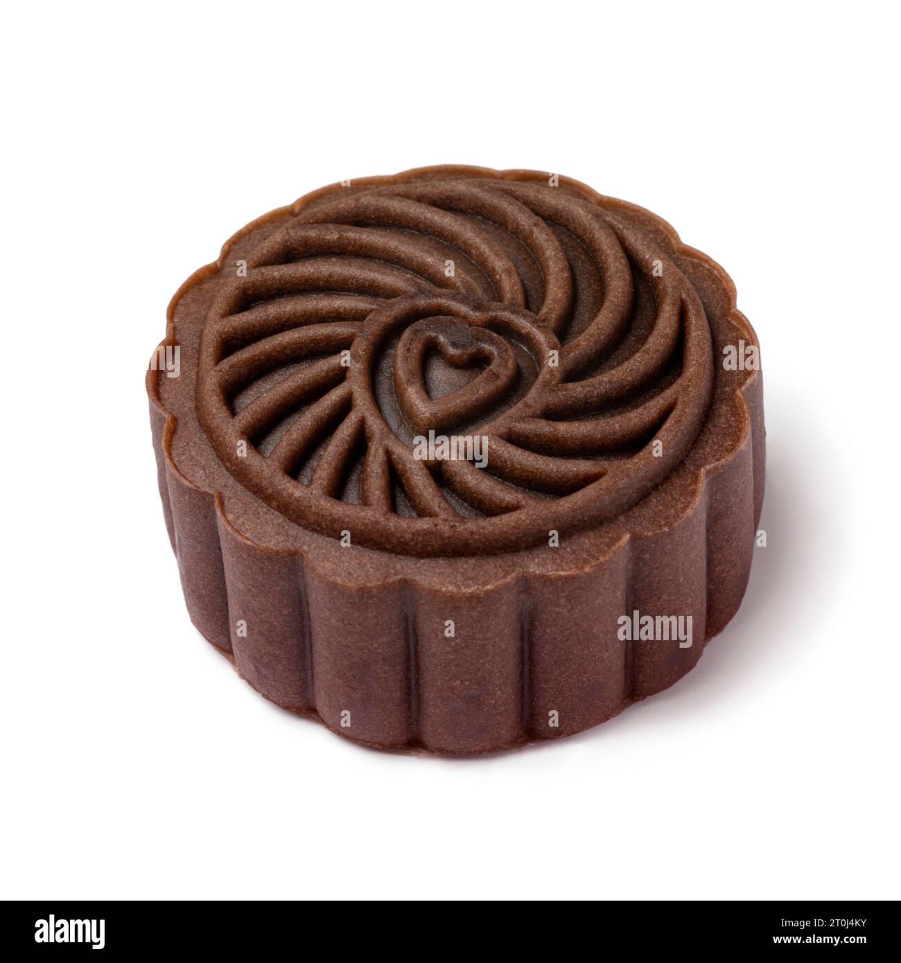 Single chocolate Mooncake, a new variation of mooncake for Mid-Autumn Festival close up isolated on white background Stock Photo