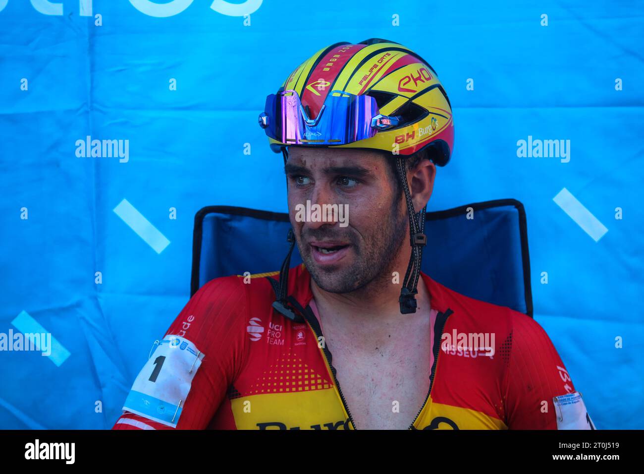 Pontevedra, Spain, October 7th, 2023: The cyclist, Felipe Orts (1) after finishing the race during the men's elite test of the Gran Premio Cidade de Pontevedra 2023, on October 7, 2023, in Pontevedra, Spain. Credit: Alberto Brevers / Alamy Live News. Stock Photo