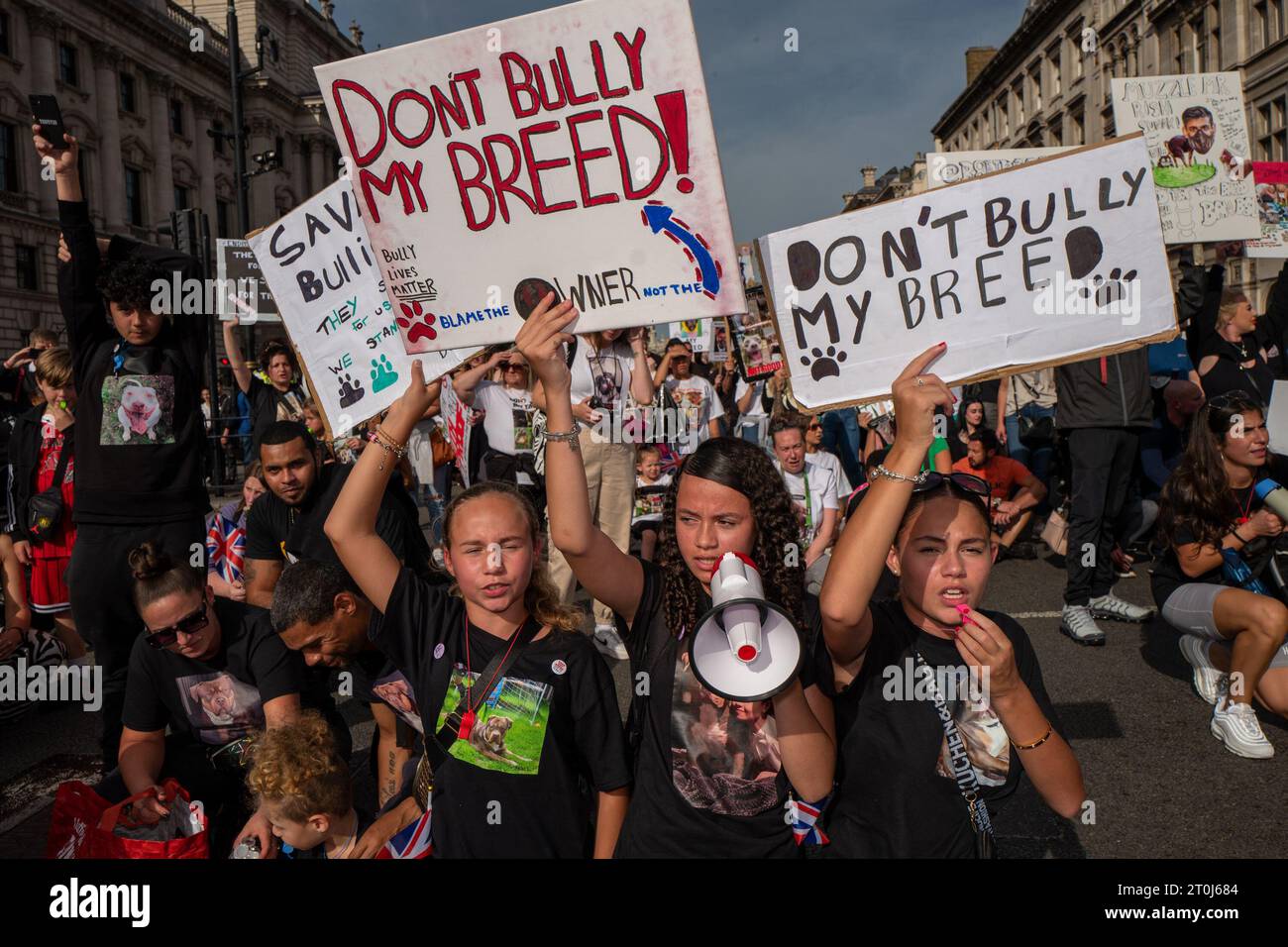 London, UK. 8th Oct, 2023. Hundreds of demonstrators have marched in central London protesting against the British Prime Minister's proposed ban on American XL bully dogs. The protesting owners did not bring their dogs to the march as they fear for their beloved pooches. The breed will be banned before the end of 2024 after it has been blamed for a rising number of fatal attacks on people. (Credit Image: © Velar Grant/ZUMA Press Wire) EDITORIAL USAGE ONLY! Not for Commercial USAGE! Stock Photo