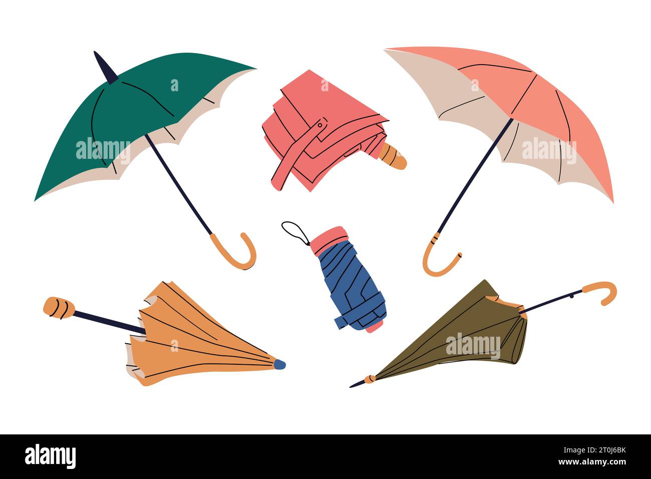 Closed, open, folded umbrellas in different colors Stock Vector Image