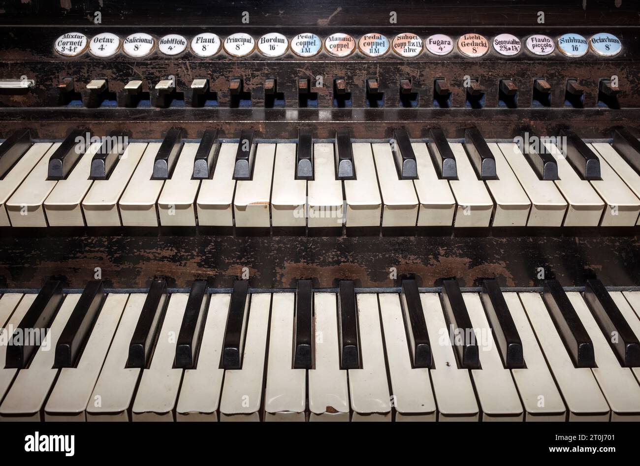 Keyboard and combination pistons of a organ, Organ Museum Borgentreich, Höxter district, North Rhine-Westphalia, Germany, Europe Stock Photo