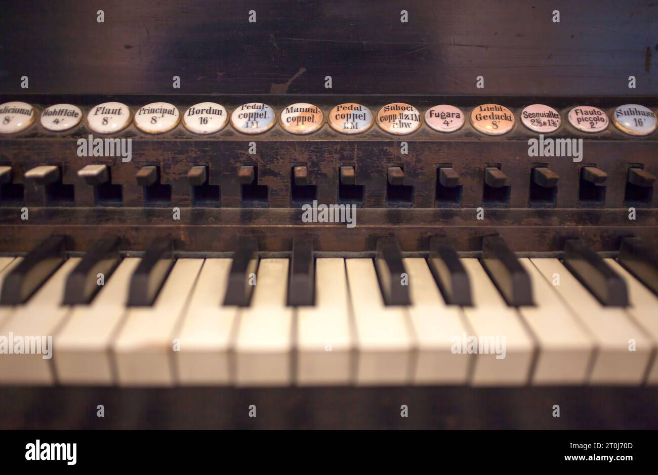 Keyboard and combination pistons of a organ, Organ Museum Borgentreich, Höxter district, North Rhine-Westphalia, Germany, Europe Stock Photo