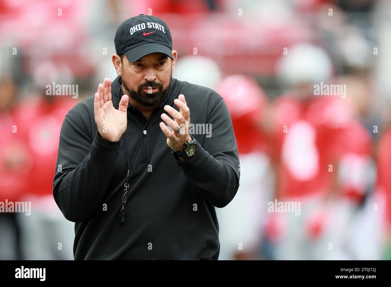 Columbus, United States. 07th Oct, 2023. Ohio State Buckeyes head coach Ryan Day looks over the field before the Buckeyes game against the Maryland Terrapins in Columbus, Ohio on Saturday, October 7, 2023. Photo by Aaron Josefczyk/UPI Credit: UPI/Alamy Live News Stock Photo