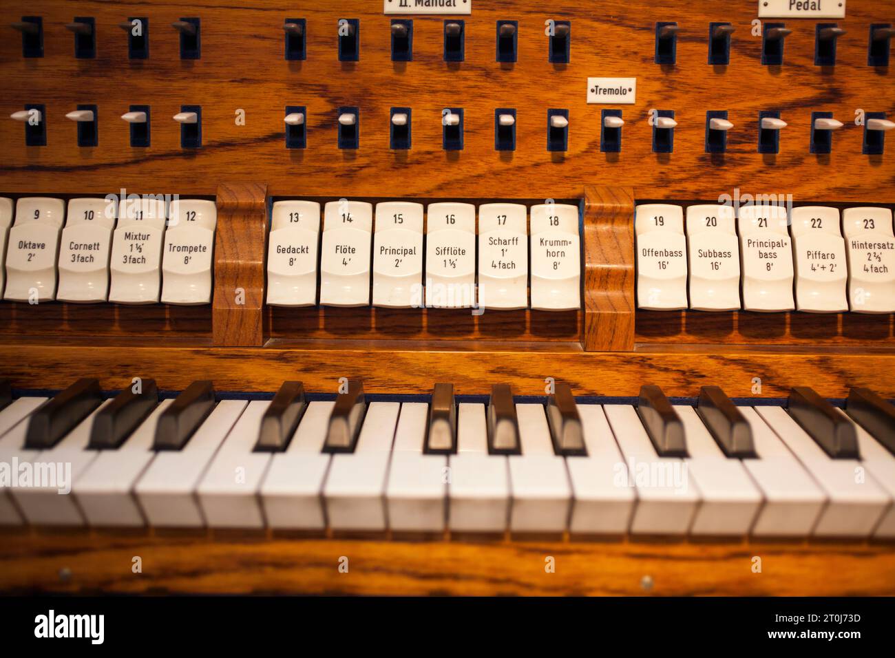 Console keydesk of an electric-action pipe organ by Franz Breil, Organ Museum Borgentreich, Höxter district, North Rhine-Westphalia, Germany, Europe Stock Photo