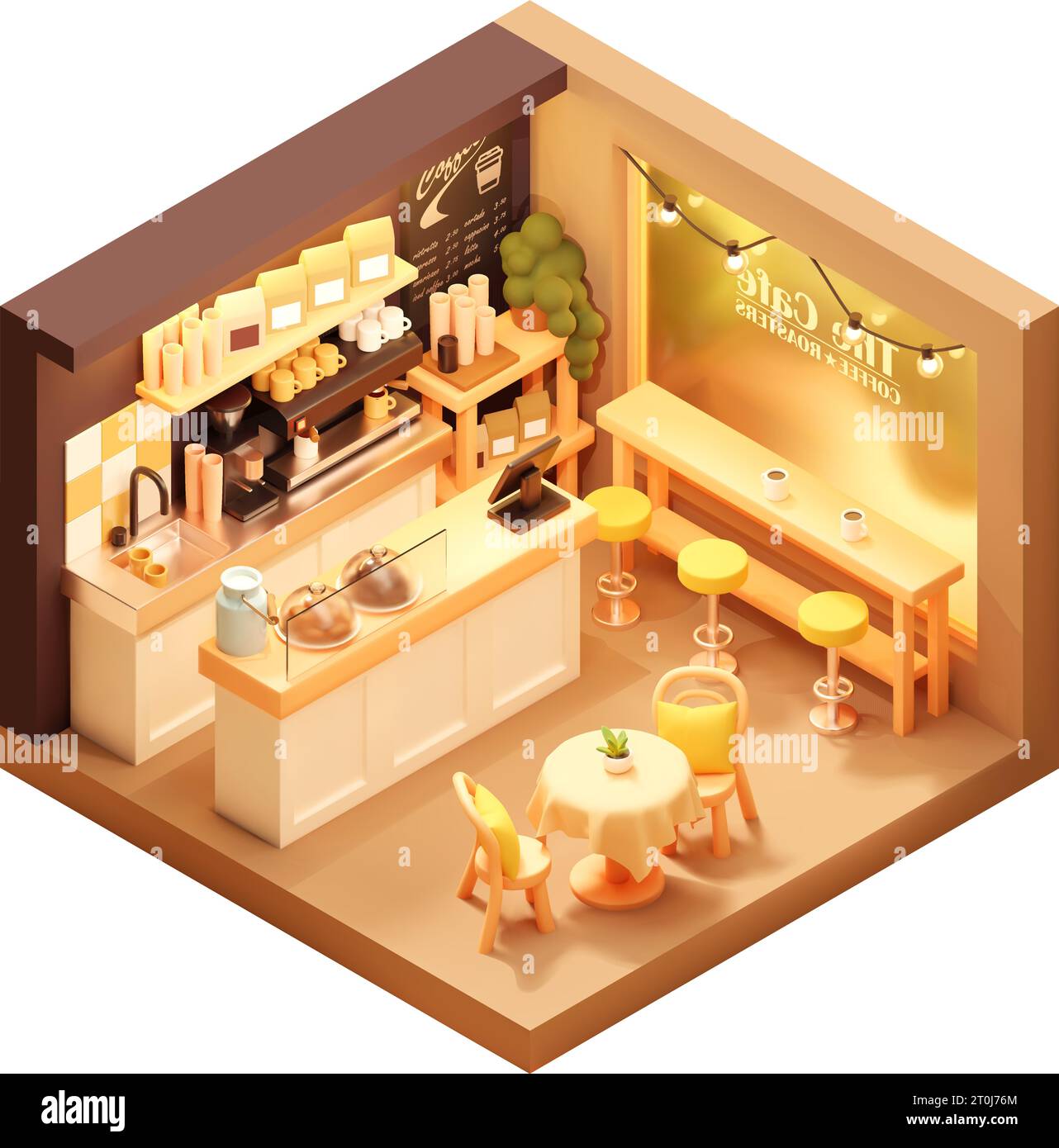 Vector isometric coffee shop or coffeehouse. Cafe interior with big