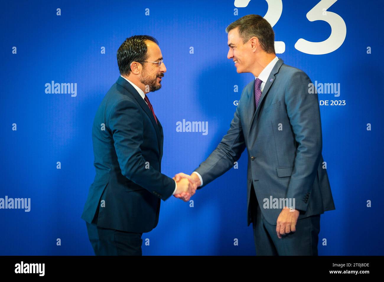 Granada, Spain. 06th Oct, 2023. Nicolas Landemard/Le Pictorium - Informal European Summit in Granada (Spain). - 06/10/2023 - Spain/Andalusia/Granada - from left to right Mr Orpo, Mr Zelenskyy and Mr Sunak. The various European heads of state met at an informal summit of the European Economic Community. Credit: LE PICTORIUM/Alamy Live News Stock Photo