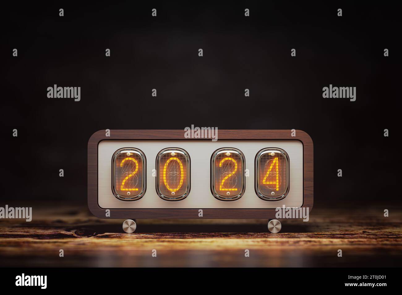 Happy New 2024 Year. Vintage nixie clock with 2024. 3d illustration Stock Photo