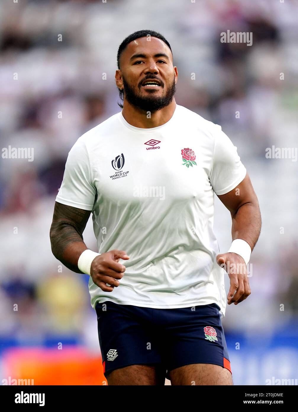 England's Manu Tuilagi warms up ahead of the Rugby World Cup 2023, Pool D match at Stade Pierre Mauroy in Lille, France. Picture date: Saturday October 7, 2023. Stock Photo
