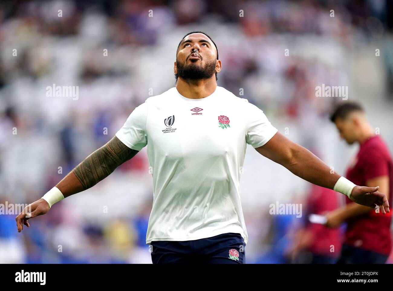 England's Manu Tuilagi warms up ahead of the Rugby World Cup 2023, Pool D match at Stade Pierre Mauroy in Lille, France. Picture date: Saturday October 7, 2023. Stock Photo