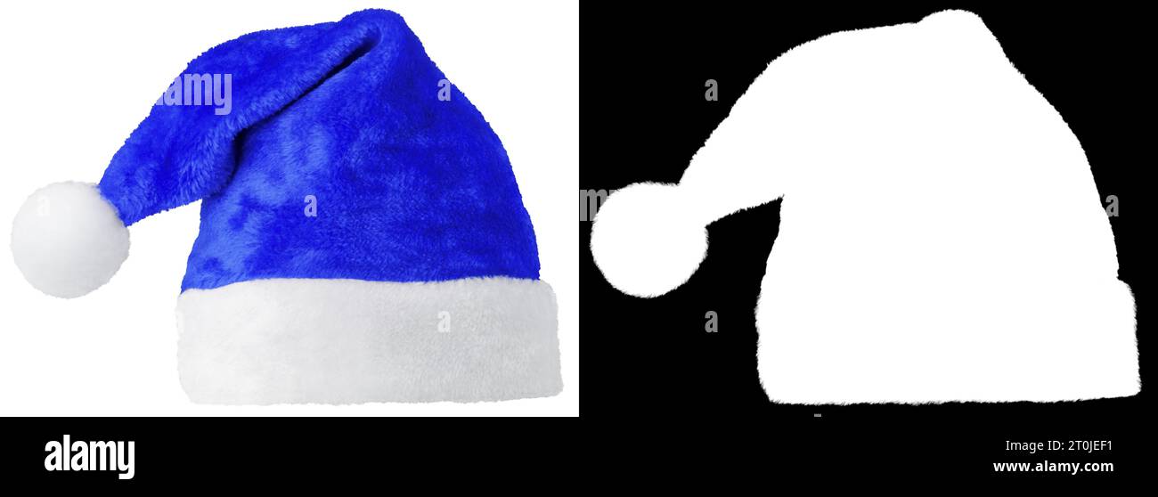 Santa Claus hat or Christmas blue cap isolated on white background with clipping mask (alpha channel) for quick isolation. Stock Photo