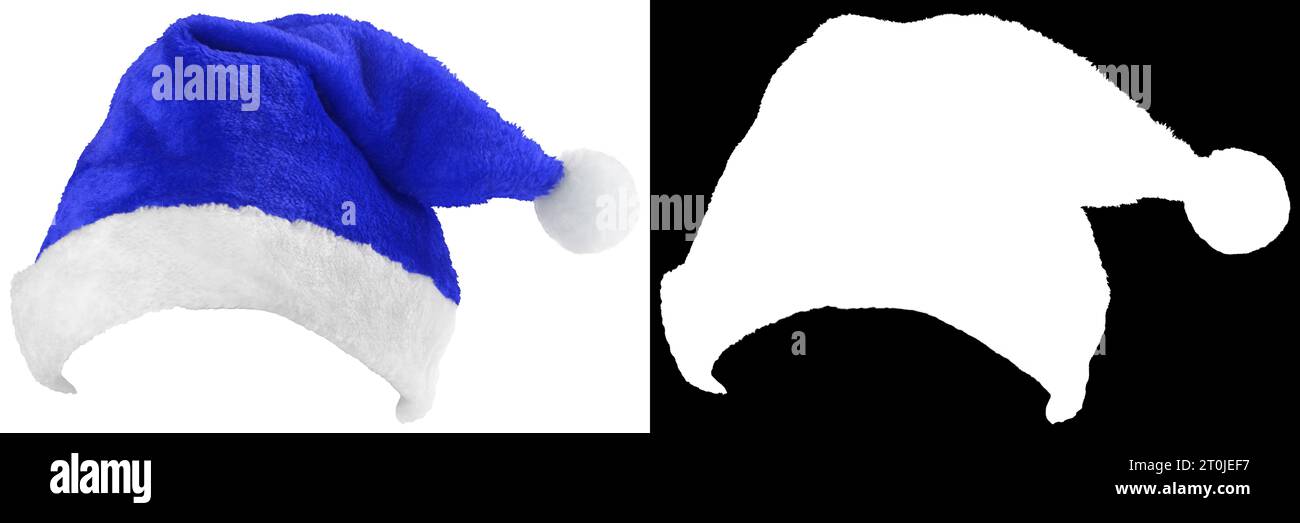 Santa Claus hat or Christmas blue cap isolated on white background with clipping mask (alpha channel) for quick isolation. Stock Photo