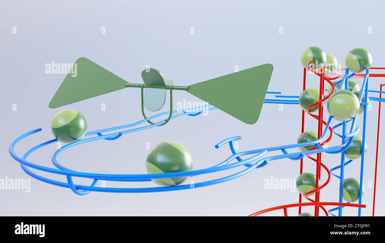 Colorful steel track rolling ball sculpture with plain background